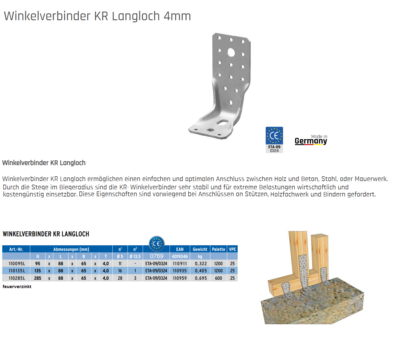 KÜWI - GH-Winkelverbinder Langloch, Typ KR Stahl feuerverzinkt 285x88x65:  ermöglicht einen einfachen und optimalen Anschluss zwischen Holz und Beton,  Stahl, oder Mauerwerk …
