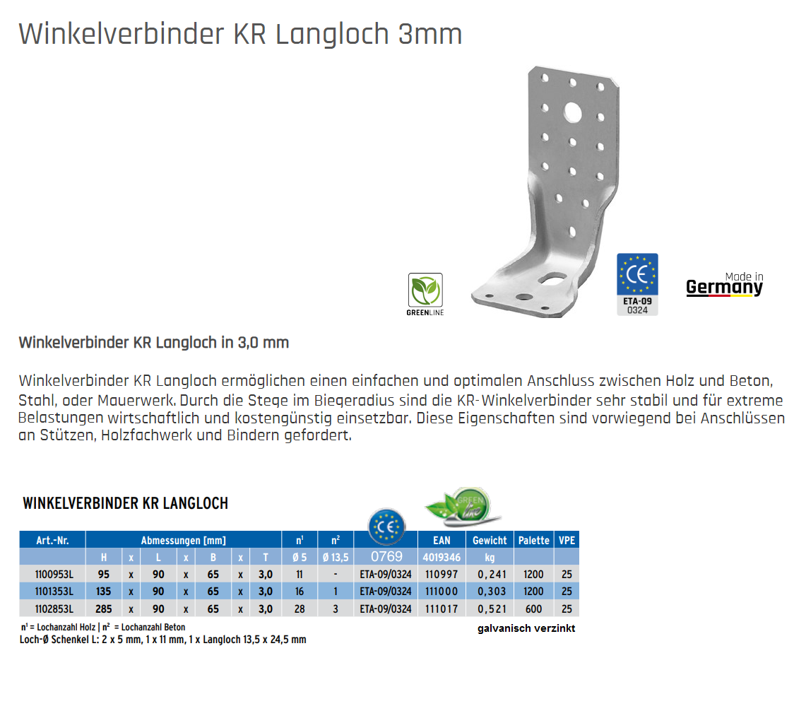 KÜWI - GH-Winkelverbinder Langloch 3mm, Typ KR Stahl sendzimirverzinkt  135x90x65: ermöglicht einen einfachen und optimalen Anschluss zwischen Holz  und Beton, Stahl, oder Mauerwerk …