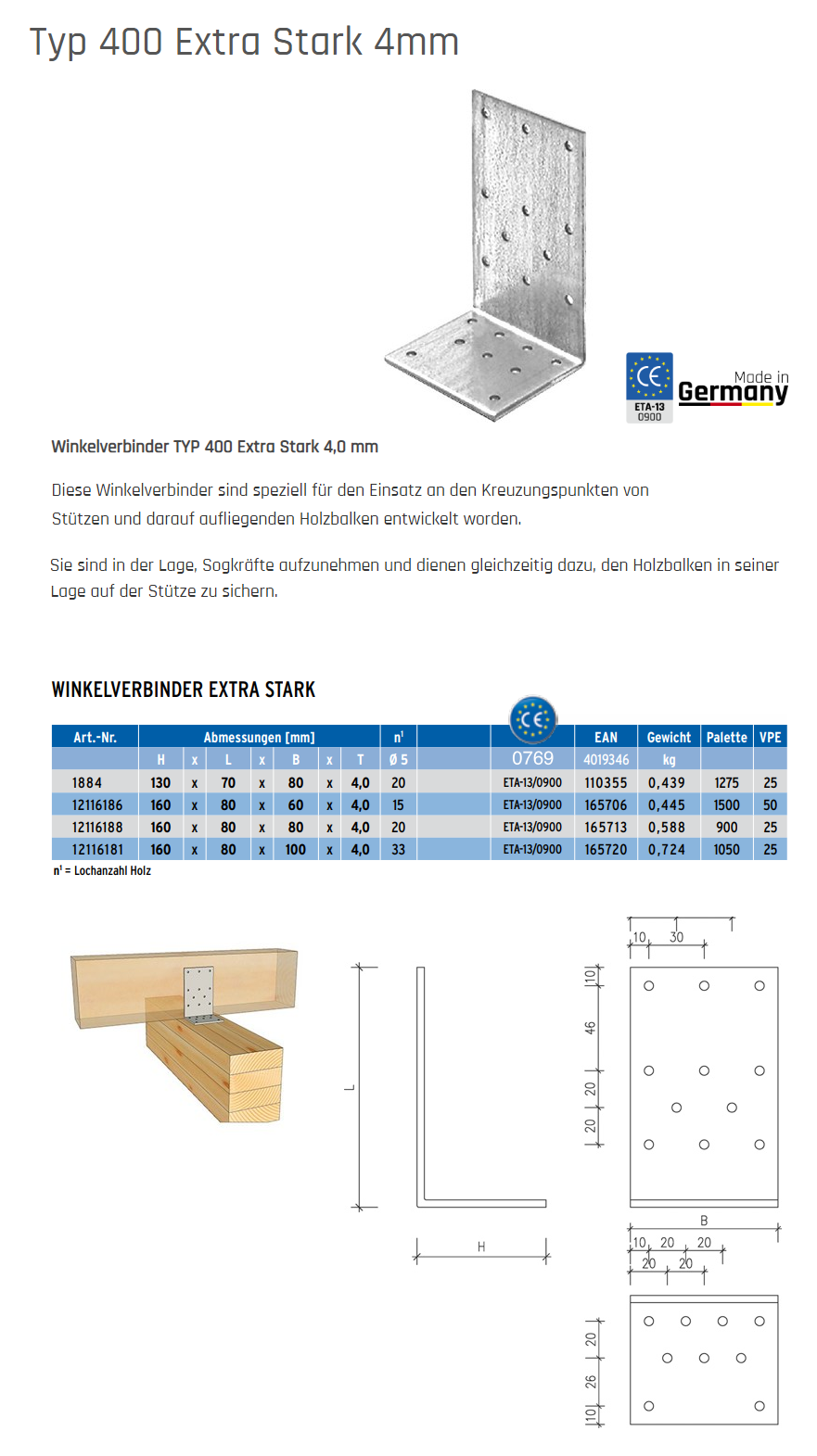 KÜWI - GH-Winkelverbinder extra stark, Typ 400 Stahl sendzimirverzinkt  160x80x80: speziell für den Einsatz anKreuzungspunkten von Stützen und  darauf liegenden Holzbalken …