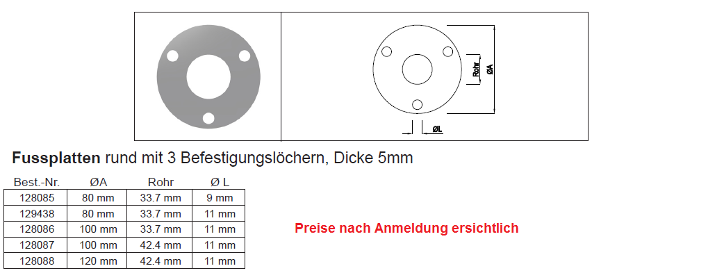 KÜWI - Fussplatte rund m. Zentrumloch u. 3 Bef.-Löcher, CNS geschliffen  120x5 ZL:42,4 BL:11,0: <b>gestanzt</b> …